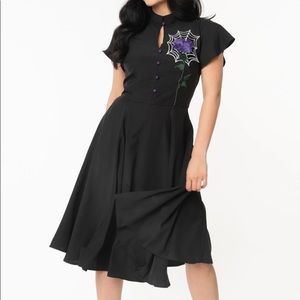 Unique Vintage Black Spiderweb & Purple Rose Baltimore Swing Dress